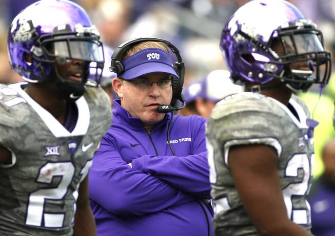 In this Nov. 14, 2015, file photo, TCU head coach Gary Patterson looks on from the sidelines during the second half of an NCAA college football game against Kansas, in Fort Worth, Texas. No. 13 TCUs opening opponent, South Dakota State, shouldnt be confused with five-time defending Football Championship Subdivision champion North Dakota State..Patterson wouldnt mind if some of his players made that mistake, though. The Horned Frogs coach is always looking for an angle to pump up a game that could easily be overlooked, especially with Arkansas looming after Saturday nights opener.