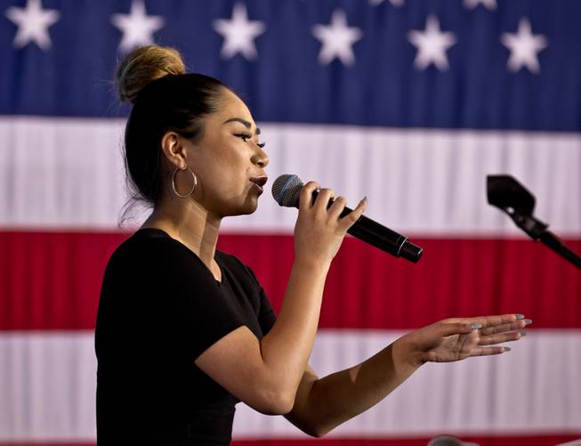 Singer Jessica Sanchez sings her campaign son before former President Bill Clinton takes the stage on behalf of Hillary Clinton at her previously scheduled event at the College of Southern Nevada on Wednesday, Sept. 14, 2016.