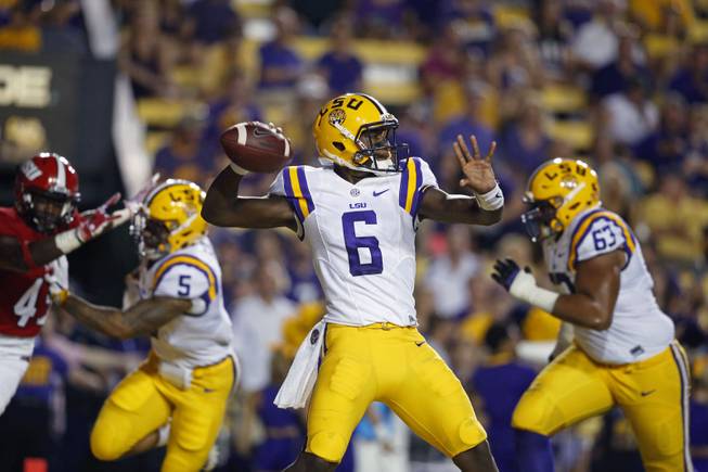 LSU quarterback Brandon Harris (6) passes in the first half of an NCAA college football game against Jacksonville State in Baton Rouge, La., Saturday, Sept. 10, 2016. 