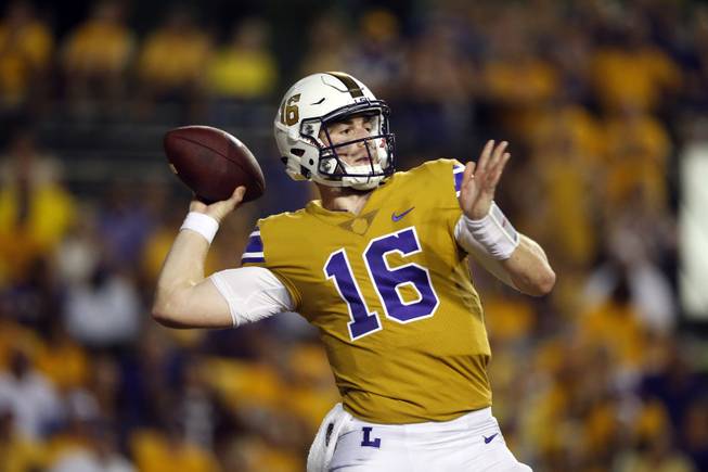 LSU quarterback Danny Etling (16) passes in the second half of an NCAA college football game against Mississippi State in Baton Rouge, La., Saturday, Sept. 17, 2016. LSU win 23-20. 