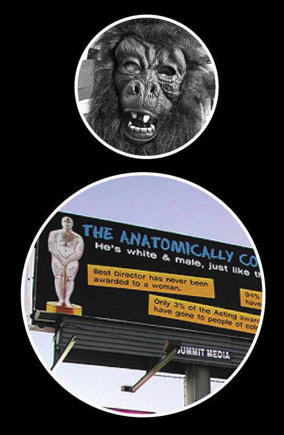 Members of the feminist collective Guerrilla Girls wear gorilla masks and take aliases from famous female artists, and illuminate gender inequality in the art world.
