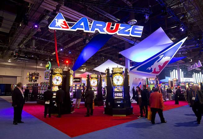 The Aruze booth is shown during the Global Gaming Expo (G2E) convention at the Sands Expo and Convention Center Tuesday, Sept. 27, 2016.