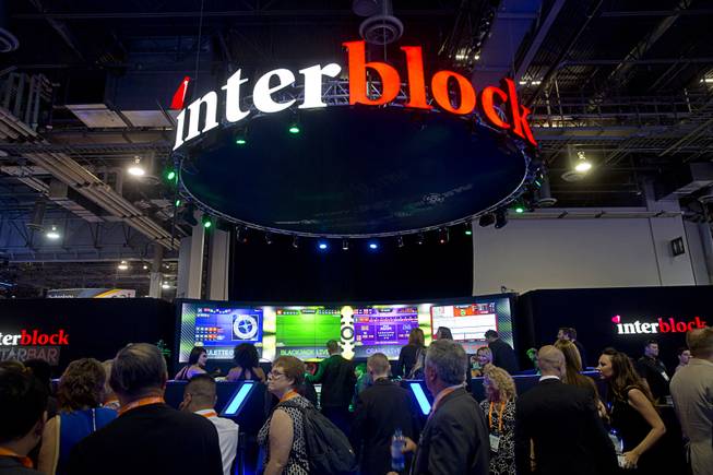 The Interblock booth is shown during the Global Gaming Expo (G2E) convention at the Sands Expo and Convention Center Tuesday, Sept. 27, 2016.