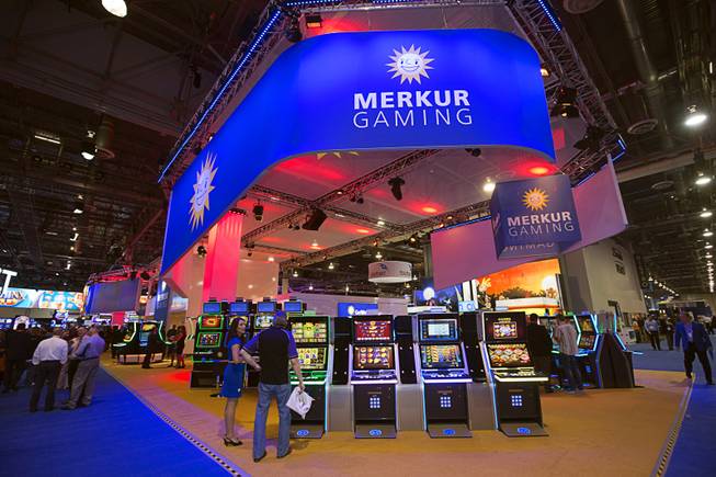 The Merkur Gaming booth is shown during the Global Gaming Expo (G2E) convention at the Sands Expo and Convention Center Tuesday, Sept. 27, 2016.