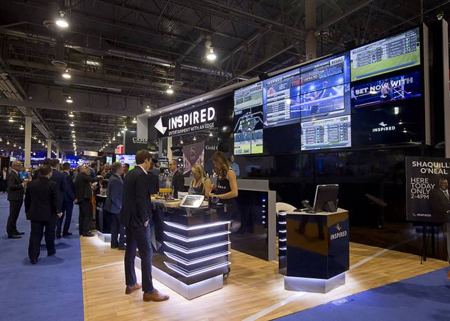 The Inspired booth is shown during the Global Gaming Expo (G2E) convention at the Sands Expo and Convention Center Tuesday, Sept. 27, 2016.