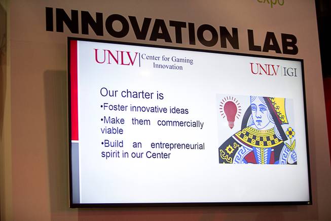 Mark Yoseloff, executive director of the Center for Gaming Innovation at UNLV, shows a slide during a talk at the Innovation Lab booth during the Global Gaming Expo (G2E) convention at the Sands Expo and Convention Center Wednesday, Sept. 28, 2016.