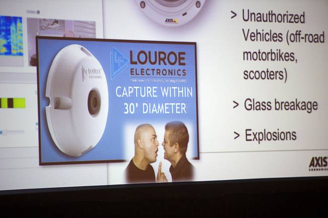 A slide highlights a security audio system during an Active Shooter workshop at the Global Gaming Expo (G2E) in the Sands Expo and Convention Center Thursday, Sept. 29, 2016. The system can be program to send an alert to security when there is a gunshot or when a fight is imminent.