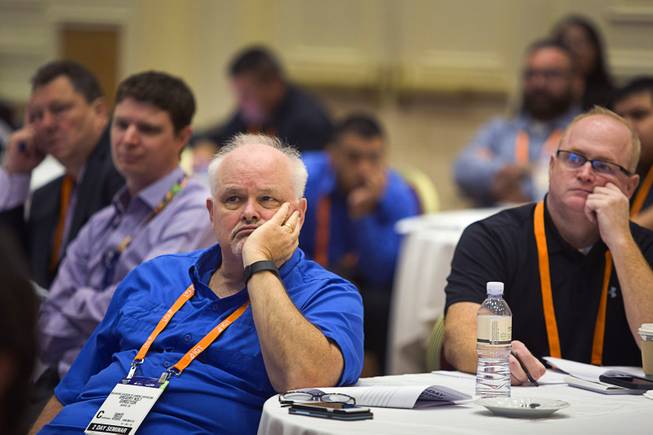 Attendees listen to a speaker talk about the latest in security technology during an Active Shooter workshop at the Global Gaming Expo (G2E) in the Sands Expo and Convention Center Thursday, Sept. 29, 2016.