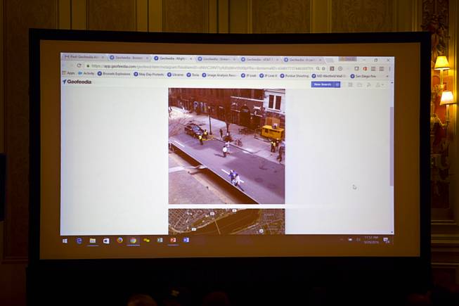 Ronald Gallegos, director for Geofeedia's western division, displays a social media photo during an Active Shooter workshop at the Global Gaming Expo (G2E) in the Sands Expo and Convention Center Thursday, Sept. 29, 2016. The photo captured an image of the Boston Marathon bombers.