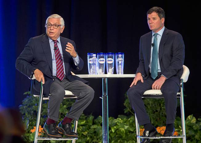 Former NBA Commissioner David Stern, left, responds to a question during the Global Gaming Expo (G2E) convention at the Sands Expo and Convention Center Thursday, Sept. 29, 2016. American Gaming Association's President and CEO Geoff Freeman listens at right.