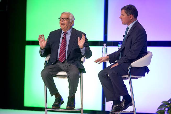 Former NBA Commissioner David Stern, left, responds to a question during the Global Gaming Expo (G2E) convention at the Sands Expo and Convention Center Thursday, Sept. 29, 2016. American Gaming Association's President and CEO Geoff Freeman is at right.
