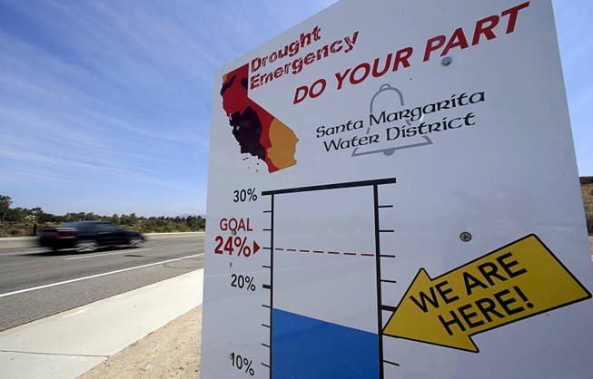 In this July 2, 2015, file photo, cars by a sign encouraging residents to save water in Rancho Santa Margarita, Calif., drive. State regulators said Wednesday, Oct. 5, 2016, water conservation continues to slip in drought-stricken California after officials lifted mandatory cutbacks.