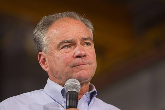 Democratic Vice Presidential nominee Tim Kaine campaigns during a Nevada Democratic Party rally at the Carpenters International Training Center in Las Vegas Thursday, Oct. 6, 2016.