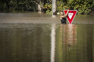 A man holds onto a yield sign after trying to swim out to help a truck driver who was stranded in floodwater from Hurricane Matthew, at U.S. Highway 301 and Tom Starling Road in Hope Mills, N.C., Sunday, Oct. 9, 2016. Both people were rescued. (Andrew Craft/The Fayetteville Observer via AP)