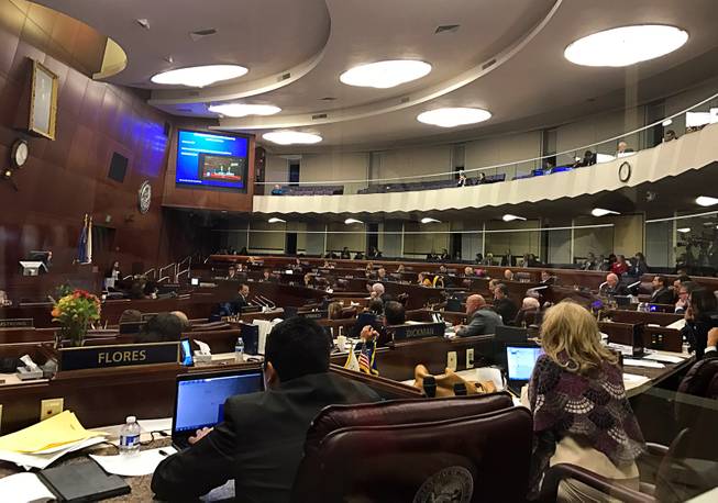 Lawmakers are shown during a special session in Carson City, early Friday, Oct. 14, 2016. The Senate voted to authorize public funds for an NFL stadium and convention center expansion in Las Vegas. Assembly members on Thursday were focused on a measure that would increase the hotel tax in Southern Nevada to fund a Las Vegas NFL stadium.