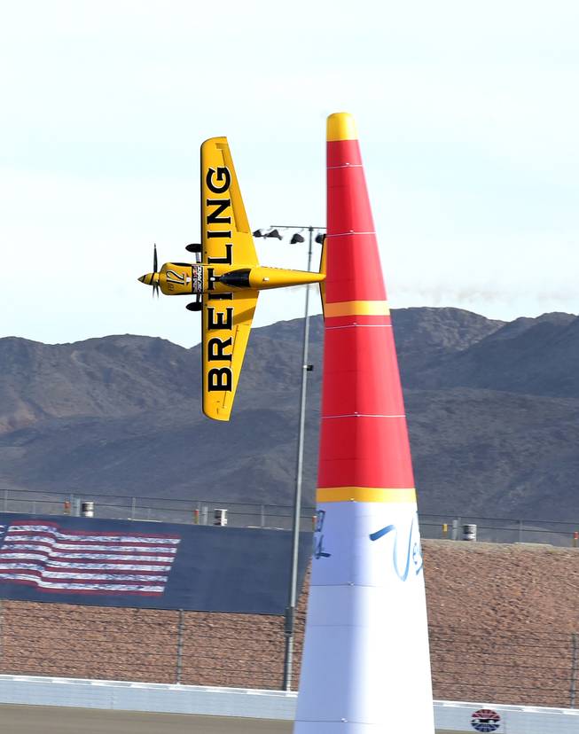 Red Bull Air Race World Championships in Las Vegas attempted to continue dispite being plagued by high winds during the final day of competition at the Las Vegas Motor Speedway.  Here Francois Le Vot of France competes in the Master Class Series. Sunday,October 16, 2016.