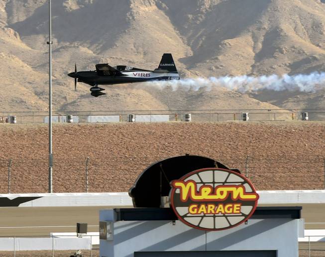 Red Bull Air Race World Championships in Las Vegas attempted to continue dispite being plagued by high winds during the final day of competition at the Las Vegas Motor Speedway.  Here Pete McLeod of Canada competes in the Master Class Series. Sunday,October 16, 2016.