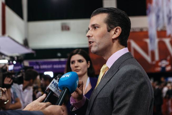 Donald Trump Jr. speaks with media inside the spin room at Thomas and Mack Center in Las Vegas, Nev. after the third presidential debate on Oct. 17, 2016.