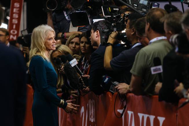 Trump campaign manager Kellyanne Conway speaks with media inside the spin room at Thomas and Mack Center in Las Vegas, Nev. after the third presidential debate on Oct. 17, 2016.