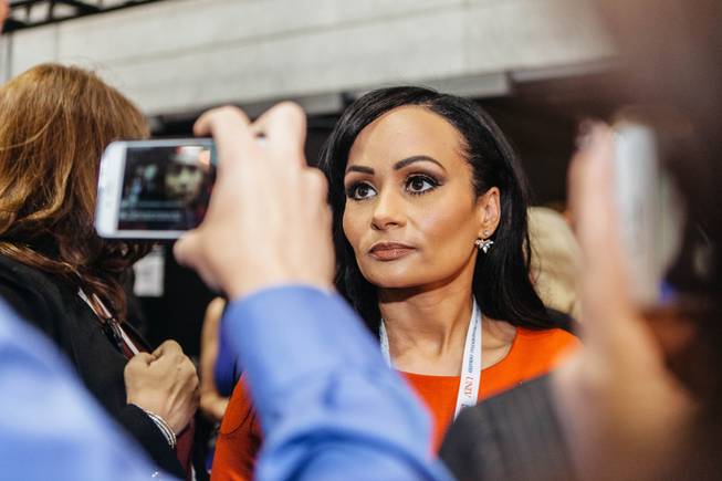 Trump campaign spokesperson and Tea Party activist Katrina Pierson speaks with media inside the spin room at Thomas and Mack Center in Las Vegas, Nev. after the third presidential debate on Oct. 17, 2016.