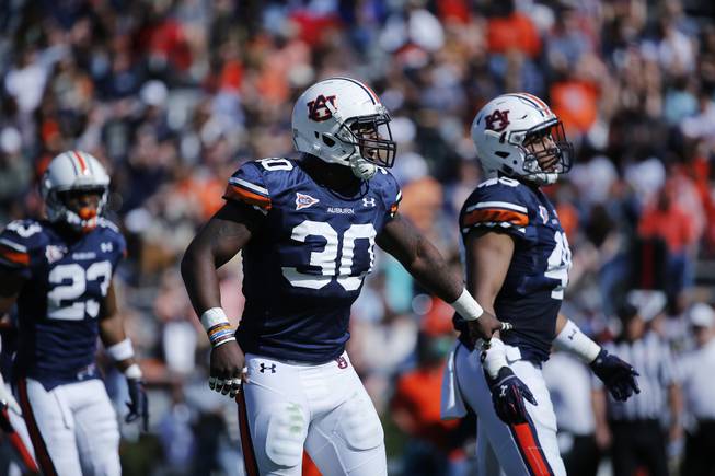 Auburn linebacker Tre' Williams (30) reacts in the first half of a spring NCAA college football game Saturday, April 9, 2016, in Auburn, Ala.