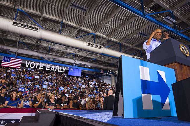 President Barack Obama campaigns for Democratic presidential nominee Hillary Clinton and Nevada Senate candidate Catherine Cortez Masto at Cheyenne High School in North Las Vegas Sunday, Oct. 23, 2016.