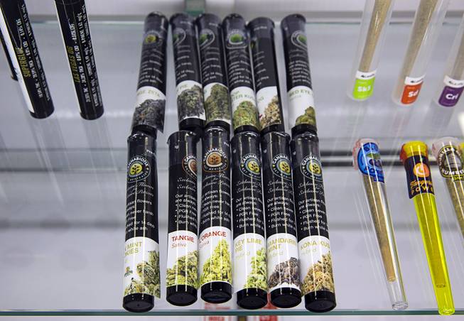 Pre-rolled joints are displayed at the Essence medical marijuana dispensary in Henderson Monday, Oct. 24, 2016. The company has three locations in the Las Vegas Valley including one on the Las Vegas Strip.