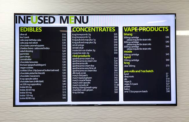 A menu is shown at the Essence medical marijuana dispensary in Henderson Monday, Oct. 24, 2016. The company has three locations in the Las Vegas Valley including one on the Las Vegas Strip.