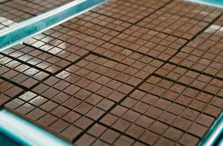 Freshly molded chocolate bars await packaging on trays within the kitchen at the Silver State Wellness edible marijuana facility on Thursday, Oct. 20, 2016.
