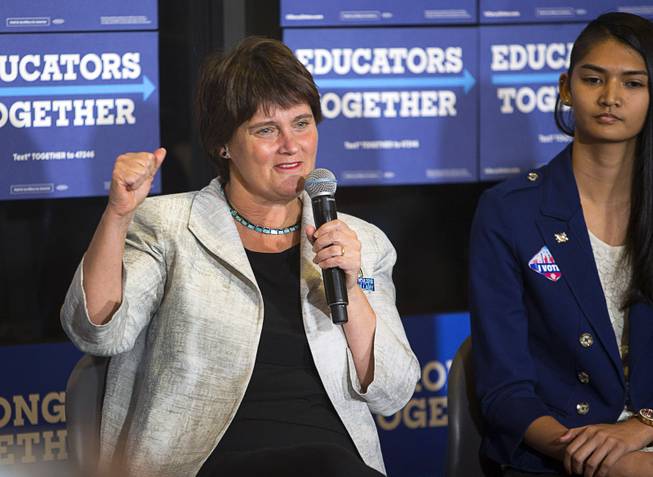 Anne Holton, left, wife of Democratic Vice Presidential candidate Tim Kaine, speaks during an Education roundtable discussion at Nevada State College in Henderson Tuesday, Oct. 25, 2016. With Holton is Desiree DeCosta, NSC student body president.