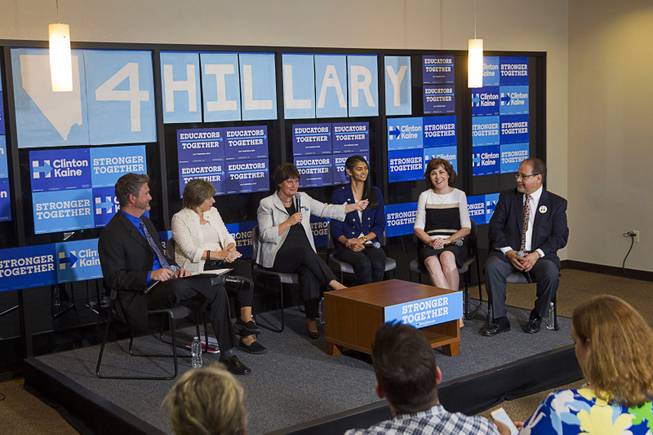 Anne Holton, center, wife of Democratic Vice Presidential candidate Tim Kaine, speaks during an Education roundtable discussion at Nevada State College in Henderson Tuesday, Oct. 25, 2016. With Holton from left: Michael Thorsteinson, Randi Weingarten, Desiree DeCosta, Jacky Rosen and Ruben Murillo Jr.