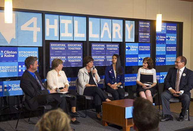 Anne Holton, center, wife of Democratic Vice Presidential candidate Tim Kaine, speaks during an Education roundtable discussion at Nevada State College in Henderson Tuesday, Oct. 25, 2016. With Holton from left: Michael Thorsteinson, Randi Weingarten, Desiree DeCosta, Jacky Rosen and Ruben Murillo Jr.