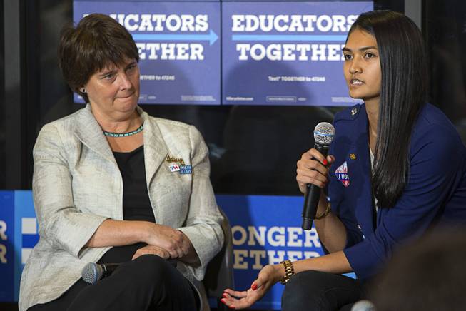 Anne Holton, left, wife of Democratic Vice Presidential candidate Tim Kaine, listens to Desiree DeCosta, NSC student body president, during an Education roundtable discussion at Nevada State College in Henderson Tuesday, Oct. 25, 2016.