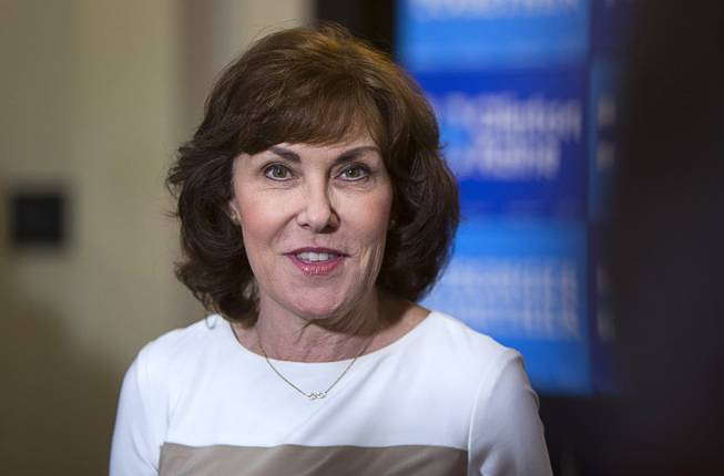 Jacky Rosen, center, then-Democratic candidate for Congress, is shown following an Education roundtable discussion at Nevada State College in Henderson Tuesday, Oct. 25, 2016.