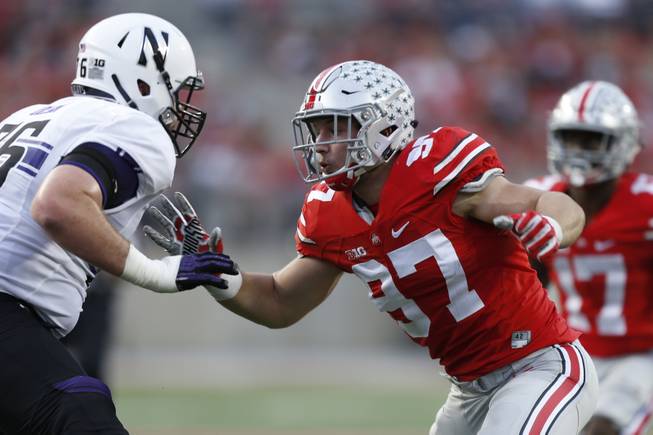Ohio State defensive end Nick Bosa plays against Northwestern during an NCAA college football game Saturday, Oct. 29, 2016, in Columbus, Ohio. 
