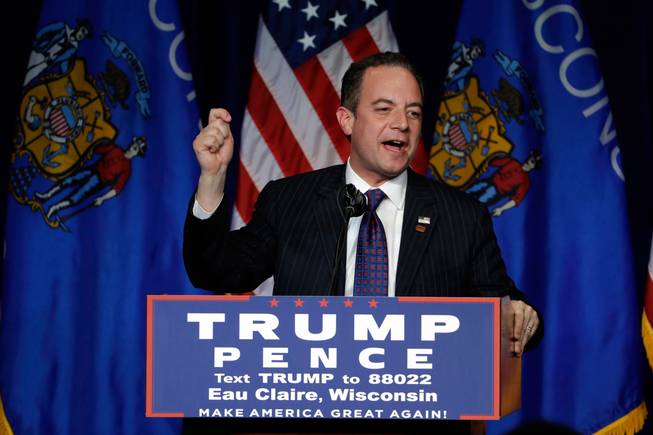 Republican National Committee Chairman Reince Priebus campaigns for Republican presidential candidate Donald Trump Nov. 1, 2016, during a rally at the University of Wisconsin in Eau Claire, Wis. Trump on Sunday, Nov. 13, 2016, named Priebus as his White House chief of staff.