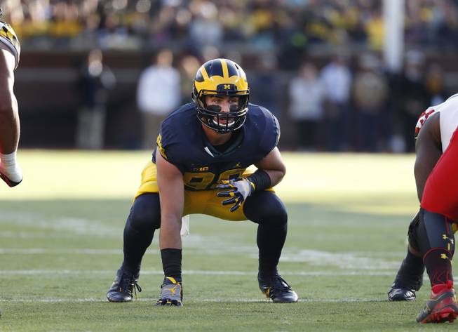 Michigan Wolverines tight end Jake Butt lines up against the Maryland Terrapinsin the first half of an NCAA college football game in Ann Arbor, Mich., Saturday, Nov. 5, 2016. 