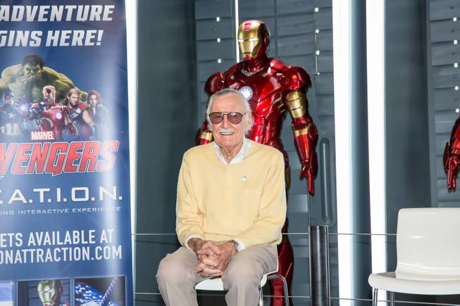 Marvel Comics legend Stan Lee visits the Avengers S.T.A.T.I.O.N. at Treasure Island to promote the release of his "Respect" lapel pin to signify unity among Americans, Friday Nov. 18, 2016.