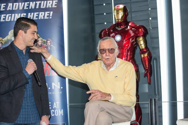 Daniel Pearce, GM of Marvel's Avengers S.T.A.T.I.O.N., and Marvel legend Stan Lee make a few remarks during the promotion of Lee's "Respect" lapel pin, signifying unity among Americans, Friday Nov. 18, 2016.
