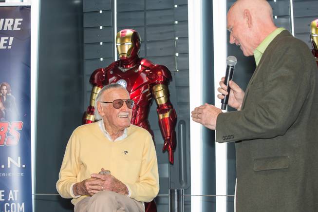 County Commissioner Larry Brown presents Marvel Comics legend Stan Lee with the "Key to The Strip" and the official proclamation of "Stan Lee Day" at Marvel's Avengers S.T.A.T.I.O.N. during a promo for Lee's "Respect" lapel pin, signifying unity among Americans, Friday Nov. 18, 2016.