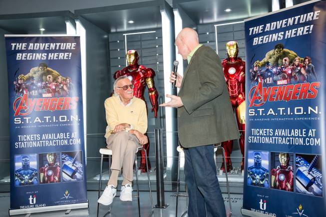 County Commissioner Larry Brown presents Marvel Comics legend Stan Lee with the "Key to The Strip" and the official proclamation of "Stan Lee Day" at Marvel's Avengers S.T.A.T.I.O.N. during a promo for Lee's "Respect" lapel pin, signifying unity among Americans, Friday Nov. 18, 2016.