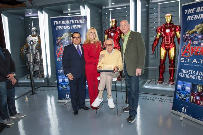 From left, Jerry Olivarez, J.C. Lee, Stan Lee and County Commissioner Larry Brown at Marvel's Avengers S.T.A.T.I.O.N. during a promo for Lee's "Respect" lapel pin, signifying unity among Americans, Friday Nov. 18, 2016.