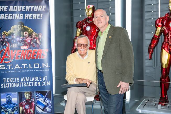 Marvel Comics legend Stan Lee and County Commissioner Larry Brown at Marvel's Avengers S.T.A.T.I.O.N. during a promo for Lee's "Respect" lapel pin, signifying unity among Americans, Friday Nov. 18, 2016.