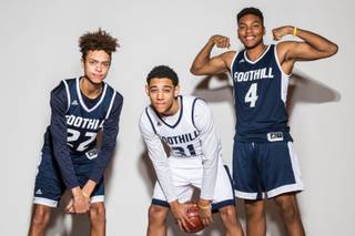 Foothill High School Boys Basketball, from left, Jace Roquemore, Marvin Coleman and Mauricio Smith participate in the Las Vegas Sun Media day at The South Point, Wed Nov. 16, 2016.