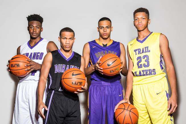 Durango High School Boys Basketball, from left, Nick Blake, Jeremie Portuondo, Demetrius Valdez and Zyare Ruffin participate in the Las Vegas Sun Media day at The South Point, Wed Nov. 16, 2016.