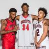 Las Vegas High School Boys Basketball, from left, Deondre Northey, Marquise Raybon and Donovan Joyner participate in the Las Vegas Sun Media day at The South Point, Wed Nov. 16, 2016.