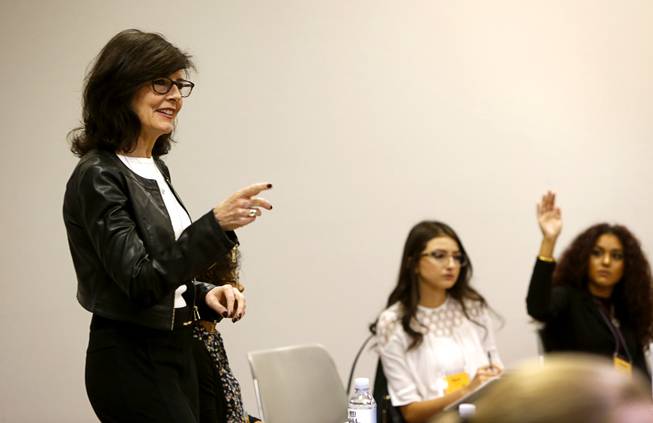 Terri Janison, vice president of of community and government relations for United Way of Southern Nevada, moderates a discussion on political elections during the 60th annual Las Vegas Sun Youth Forum at the Las Vegas Convention Center Tuesday, Nov. 29, 2016.