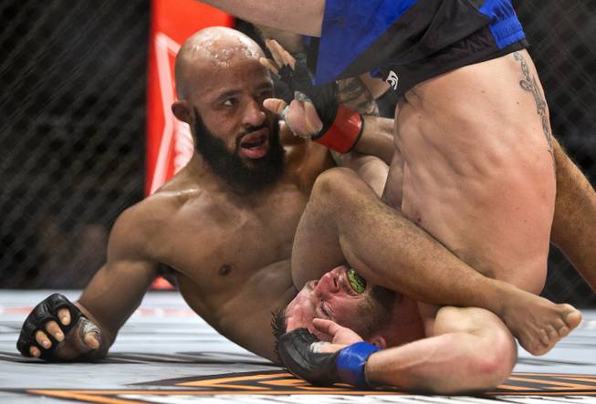 Flyweight title fighter Demetrious Johnson continues to dominate Timothy Elliot on the canvas during their Ultimate Fighter 24 Finale fight at The Palms on Saturday, Dec. 3, 2016.  L.E. Baskow.