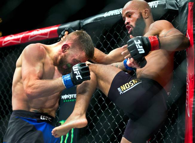 Flyweight title fighter Timothy Elliot takes a knee to the head from Demetrious Johnson during their Ultimate Fighter 24 Finale fight at The Palms on Saturday, Dec. 3, 2016.
