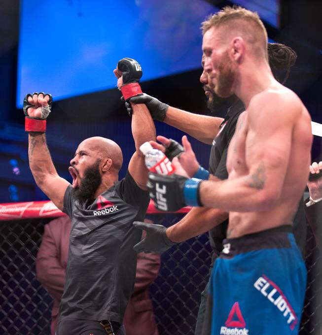 Flyweight title fighter Demetrious Johnson is excited by his victory over Timothy Elliot during their Ultimate Fighter 24 Finale fight at The Palms on Saturday, Dec. 3, 2016.